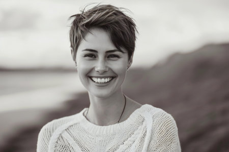 Portrait of a beautiful young woman smiling at the camera on the beachの素材