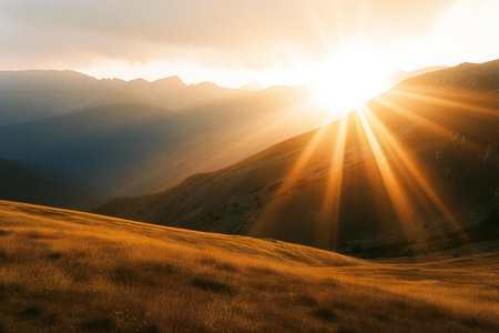 Sunset in the mountains. Sunrise in the mountains. Beautiful mountain landscape.の素材