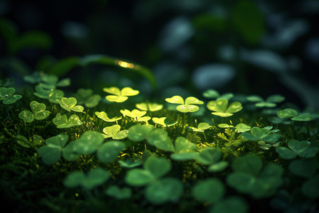 Green clover leaves in the forest at night. Shallow depth of field.の素材