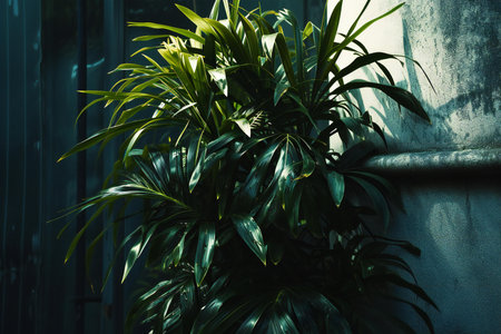 Tropical plant in a pot on the background of a concrete wallの素材