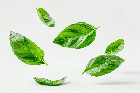 Fresh green basil leaves isolated on white background,の素材