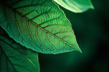 Green leaf macro close up. Nature background. Selective focus.の素材