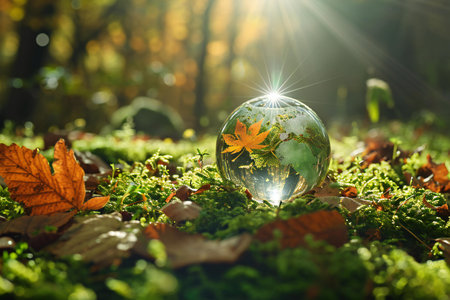 Globe in the forest with autumn leaves and sunbeams.の素材