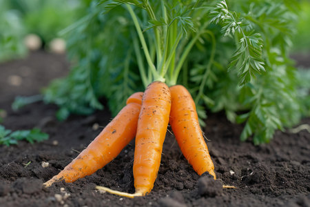 fresh carrots growing in the garden, close up shot, local focusの素材