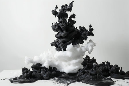 Black and white ink in water on a white background. Abstract background.の素材