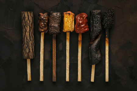 Different types of candies on sticks on dark background, top viewの素材