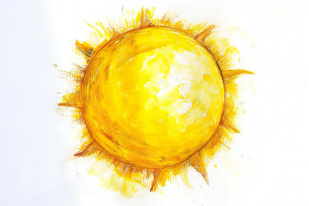 yellow sun with watercolor splash on white background, drawing by handの素材