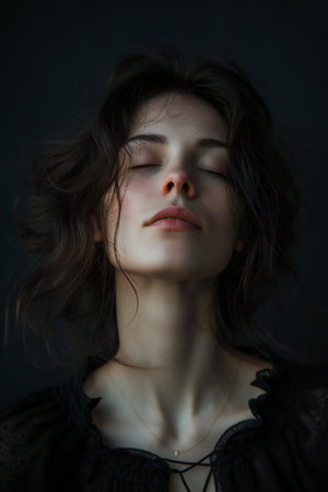 Portrait of a beautiful young woman with long hair on a black backgroundの素材
