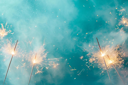 Christmas and New Year party sparklers on blue background with copy spaceの素材