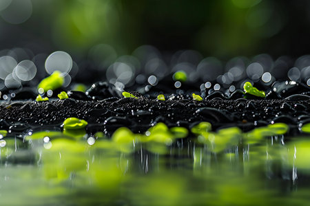 Green sprouts with water drops on black background. Close up.の素材
