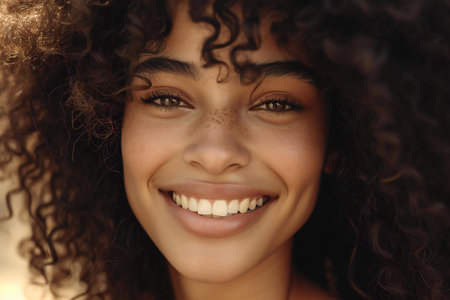 Close up portrait of a beautiful young african american woman smilingの素材
