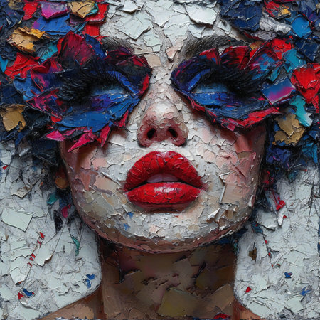Beautiful woman face with creative make-up on cracked wall backgroundの素材