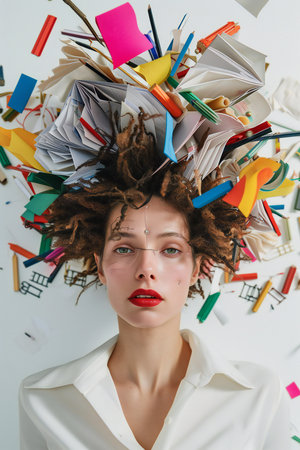 portrait of beautiful young woman in eyeglasses with pile of papers on headの素材