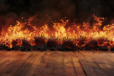 Fire flames and wooden floor as a background.の素材