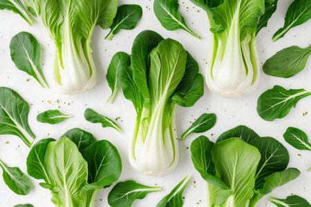 Fresh green bok choy on white background. Flat lay, top viewの素材