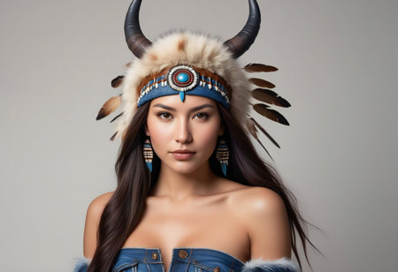 Beautiful young woman in indian costume with horns and feathers.の素材