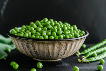 Fresh green peas in a bowl on a black background, selective focus.の素材
