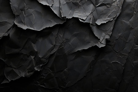Black torn paper background. Texture of crumpled black paper.の素材