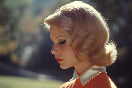 portrait of a beautiful blonde girl with short hair and red lipsの素材