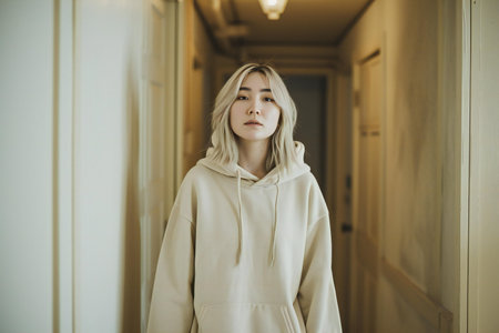 Portrait of a young woman in a beige coat standing in a corridorの素材