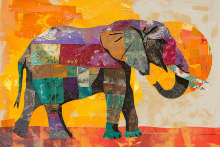 African ethnic retro vintage illustration. Elephant on abstract colorful background with grunge texture.の素材
