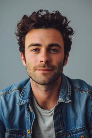 Portrait of a handsome young man looking at camera against grey backgroundの素材