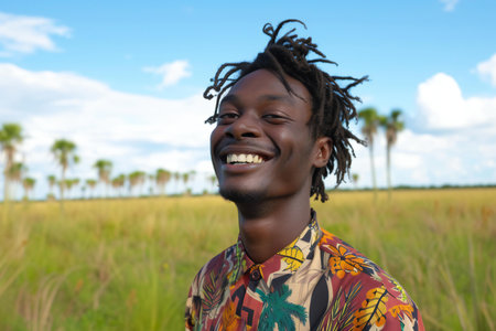 Portrait of young african man smiling at camera in a fieldの素材