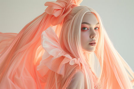 Close up portrait of a girl with pink hair and pink gothic dressの素材