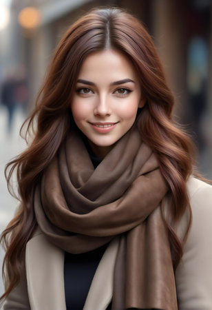Beautiful young brunette woman in a beige coat and scarfの素材