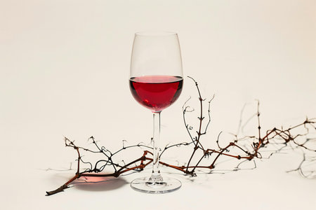 Glass of red wine with dry branches on white background, closeupの素材