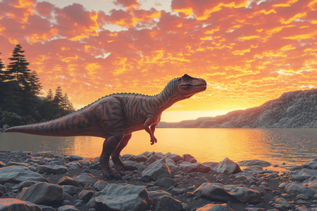 dinosaur on the beach at sunset,の素材