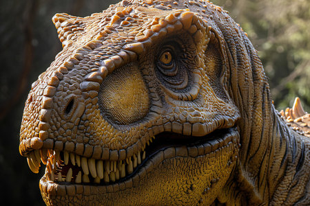 Close up of the head of a tyrannosaurus rex in the parkの素材