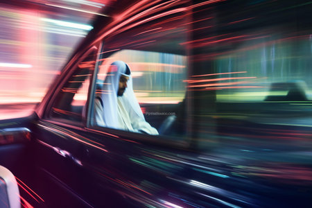 Arabic woman driving a car in the city at night with motion blurの素材