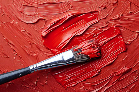 Red paint stroke and brush, closeup of artist s hand holding brushの素材