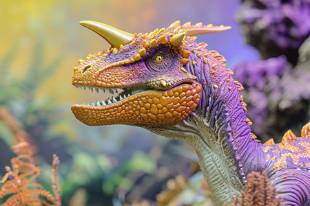 Colorful dinosaur statue in the aquarium, closeup of photo.の素材