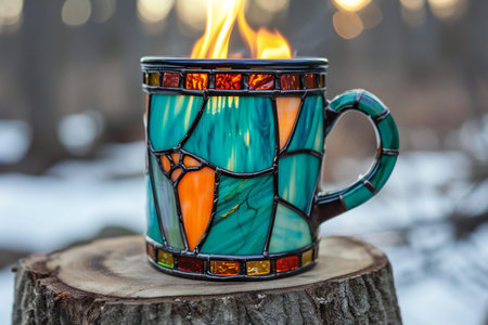 Cup of hot drink on the background of the winter forest.の素材