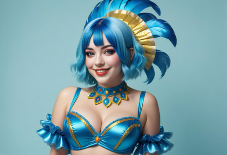 Beautiful young woman with blue hair and brazilian carnival costumeの素材