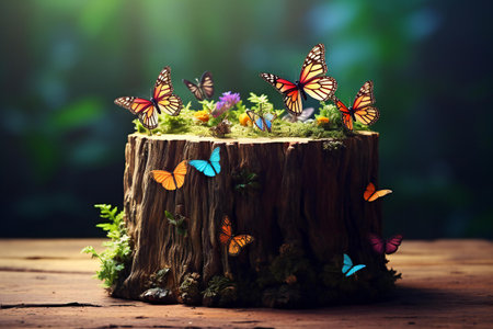 Butterflies on a stump in the forest. Nature concept.の素材
