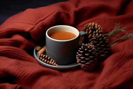 Cup of hot tea with cinnamon and pine cone on red knitted plaidの素材