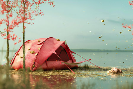 Camping on the lake with red tent.の素材