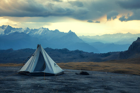 Tent on the background of the mountains and the sky with cloudsの素材