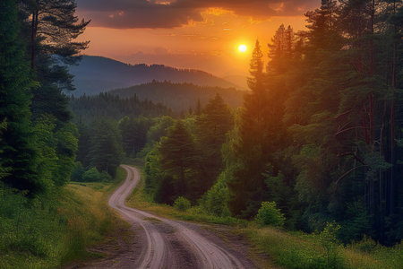 Dirt road through the coniferous forest at sunset. Carpathians, Ukraineの素材
