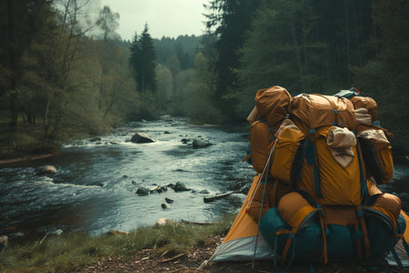 Hikers with backpacks on the background of a mountain river.の素材
