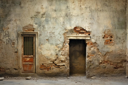 Old wall with door and window in a abandoned building, Thailand.の素材