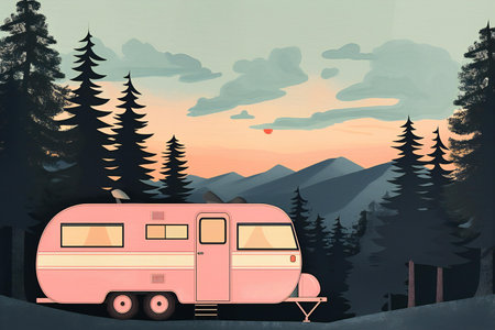 illustration of a retro trailer on the background of the mountains and forest.の素材