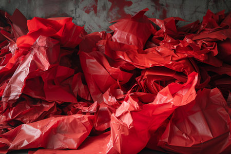 Red crumpled paper on a gray background. The concept of recycling.の素材