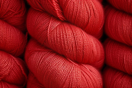 Red skeins of thread for knitting as a background, closeupの素材