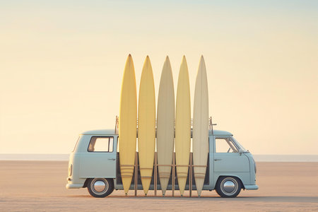 Surfboards on a van in the desert.の素材