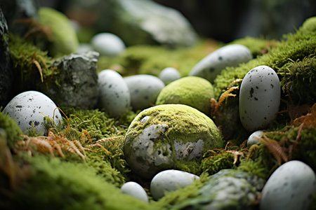 Easter eggs on moss background. Easter eggs on green moss.の素材