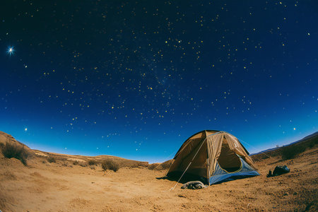 Camping in the desert at night with starry sky and starsの素材